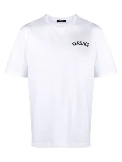 Versace Mens White Logo-embroidered Crewneck Cotton-jersey T-shirt