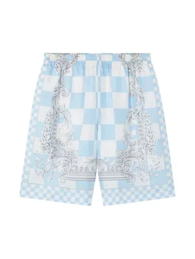 Versace Medusa Contrasto Silk Shorts In Pastel Blue Multi