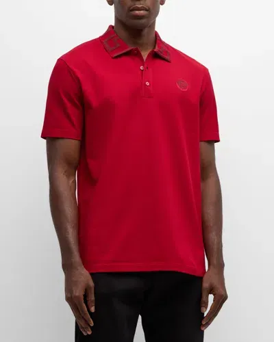 Versace Men's Polo Shirt With Greca Collar In Red