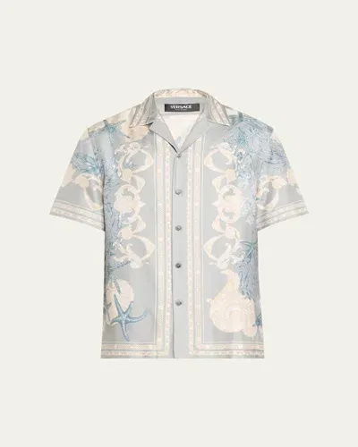 Versace Barocco Sea Camp-collar Printed Silk-twill Shirt In Cocretedusty Blueb