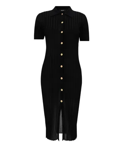 Versace Ribbed-knit Midi Shirt Dress In Black