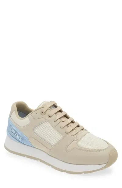 Versace Mixed Media Sneaker In Beige Oth