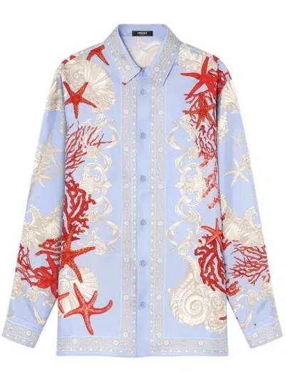 Versace Sea Print Long Sleeve Shirt In Blue+print