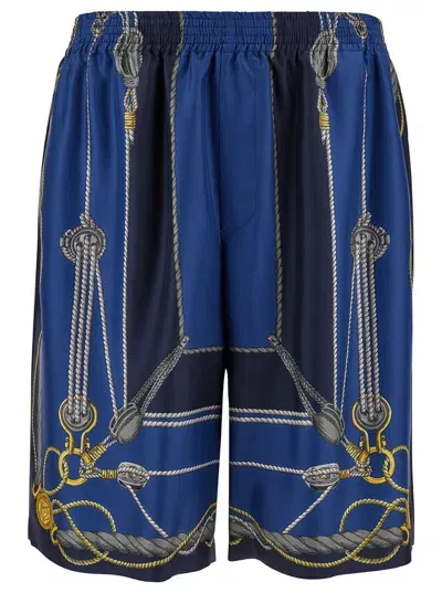 Versace 'nautical' Blue Shorts With Barocco Print In Silk Man