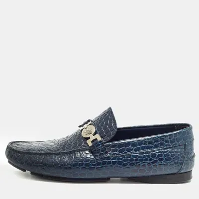 Pre-owned Versace Navy Blue Embossed Croc Medusa Buckle Loafers Size 42