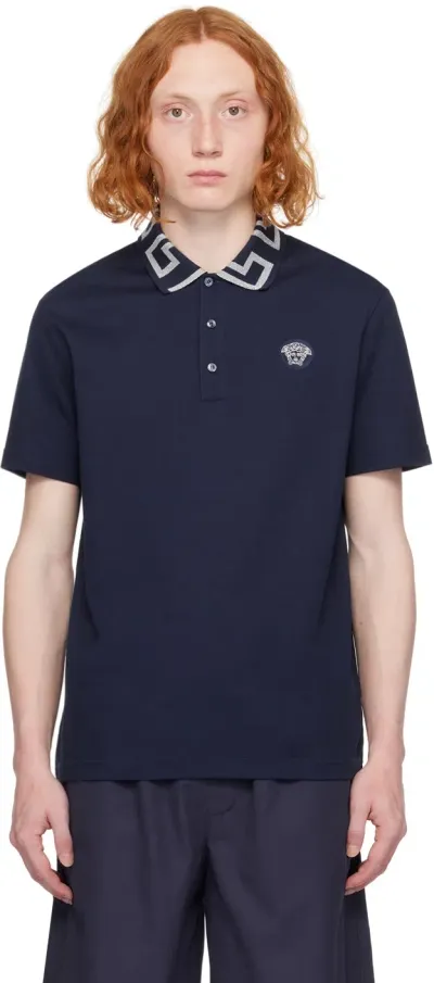 Versace Navy Greca Collar Polo In 1ui20-navy Blue