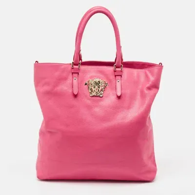 Pre-owned Versace Neon Pink Leather Palazzo Medusa Vertical Tote