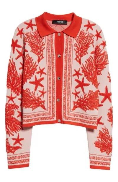 Versace Ocean Jacquard Cardigan In Dusty Rose