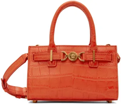 Versace Embellished Croc-effect Leather Tote In Orange