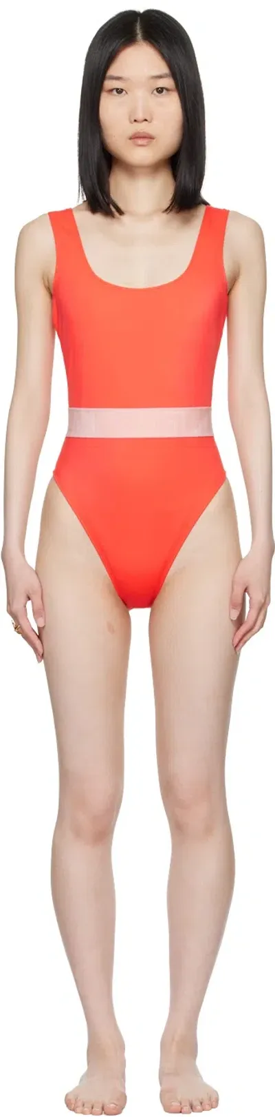 Versace Orange Greca Border One-piece Swimsuit In 2rb10-cor+drose-ivry