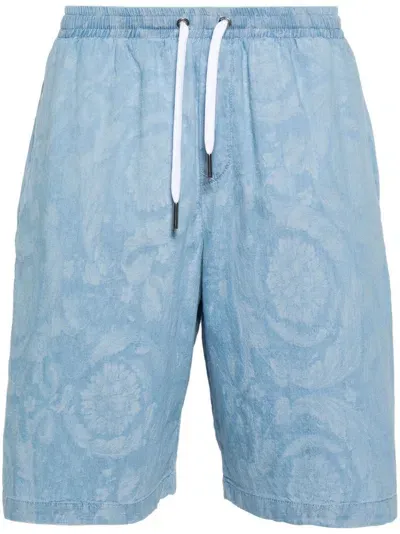 Versace Patterned-jacquard Chambray Shorts In Blue