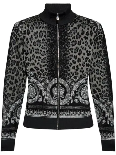 Versace Patterned Wool Cardigan In Black