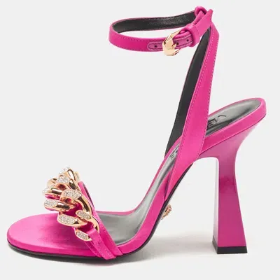 Pre-owned Versace Pink Satin Medusa Chain Ankle Strap Sandals Size 36