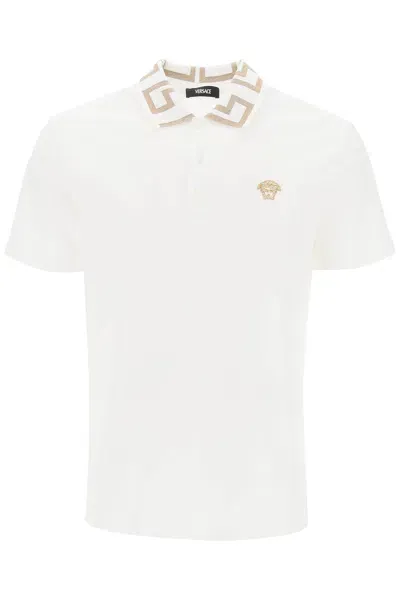 Versace Polo Shirt With Greca Collar In Multicolor