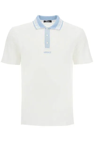 Versace Polo Shirt With Greek Motif In White