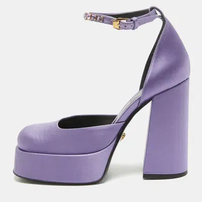 Pre-owned Versace Purple Satin Crystal Embellished Aevitas Platform Pumps Size 38.5