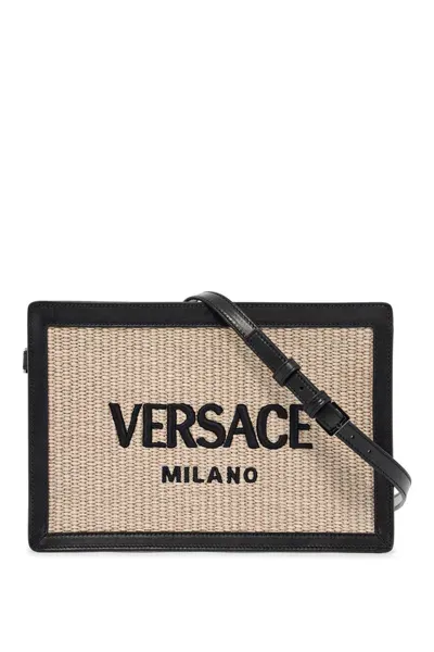 Versace Raffia Pouch For In Natural+black-ruthenium