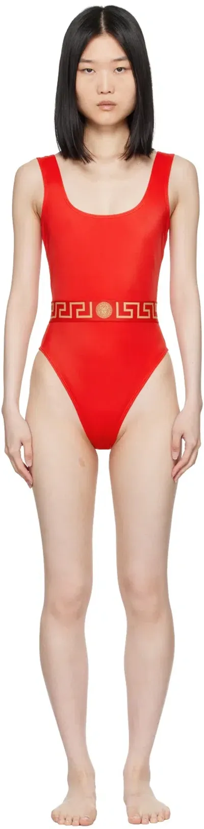 Versace Red Greca Border One-piece Swimsuit