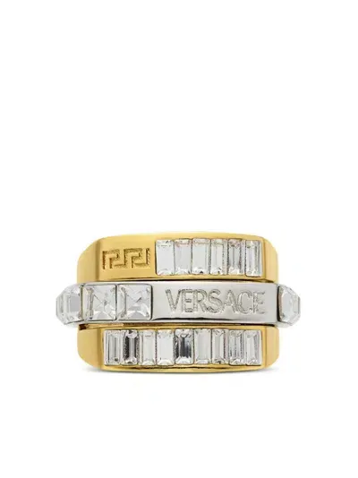 Versace Crystal Embellished Geometric Rings In Metallic