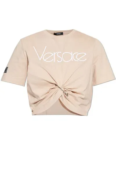 Versace Safety Pin Crewneck Cropped T In Light Pink