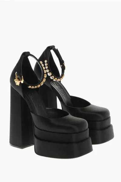 Versace Satin Platform Pumps With Jeweled Ankle Strap 16cm In Black