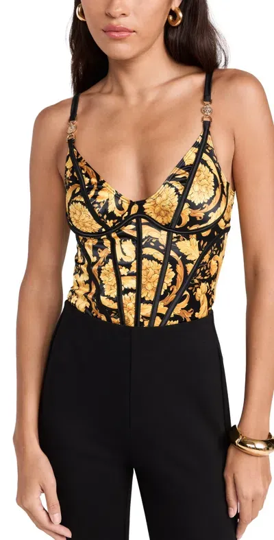 Versace Satin Stretch Barocco 92' Print Underwear Bodysuit Black And Gold