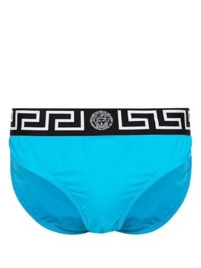 Versace Logo-print Strap Swim Trunks In Blue/black/white