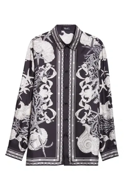 Versace Seashell Barocco Print Silk Button-up Shirt In Black+print