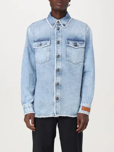 Versace Frayed Buttoned Denim Overshirt In Blau