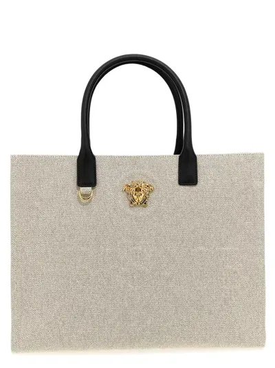 Versace Round Handle Canvas Shopping Bag With Medusa Detail In White