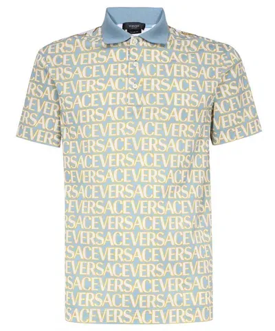 Versace Short Sleeve Cotton Pique Polo Shirt In Light Blue