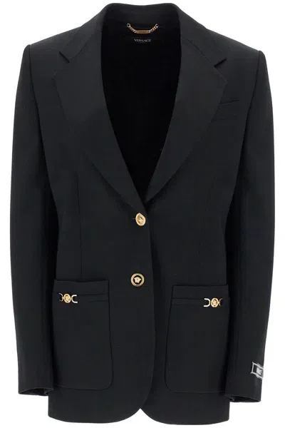 Versace Single-breasted Wool Stretch Blazer In Black