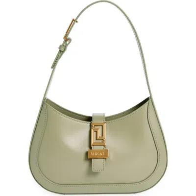 Versace Small Greca Leather Hobo Bag In Taupe- Gold