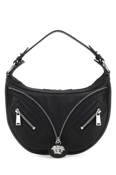 Versace Small Smooth Leather Top Handle Bag In Black