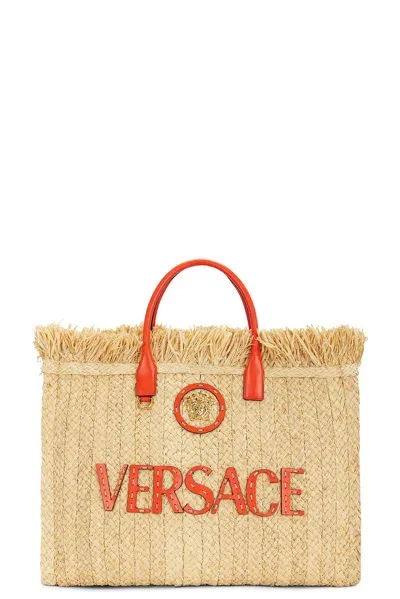 Versace Straw Tote Bag In Natural  Coral  &  Gold