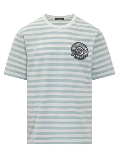 Versace Striped Cotton T-shirt In Blue