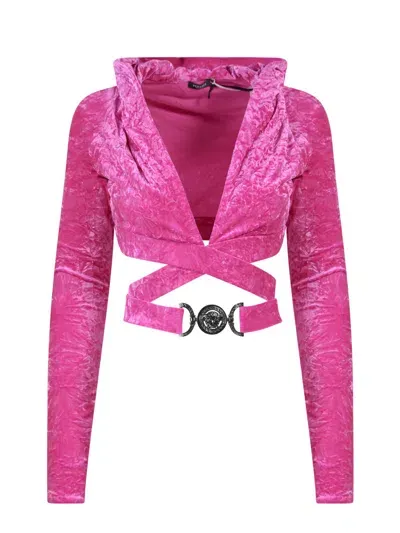 Versace Cropped Hooded Crushed Velvet Wrap Top In Pink