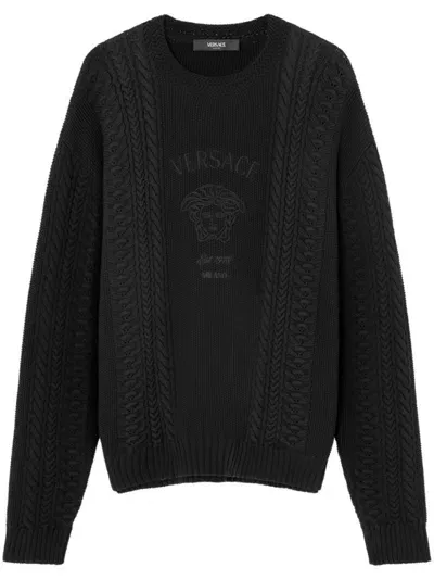 Versace Logo-embroidered Cable-knit Jumper In Black