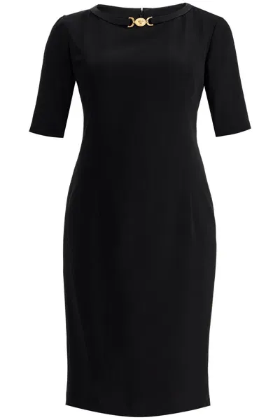 Versace Elegant Midi Sheath Dress With Medusa Emblem In Black