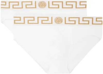 Versace Two-pack White Greca Border Briefs In A81h-white- Greek Go