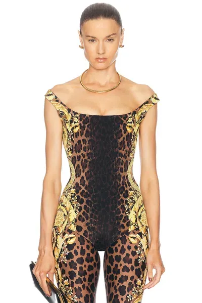 Versace Wild Barocco Bodysuit In Chestnut & Gold