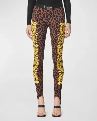 Versace Wild Barocco-print Stirrup Leggings In Animalier