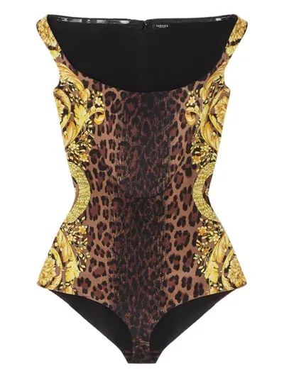 Versace Wild Barocco Silk Bodysuit In Brown