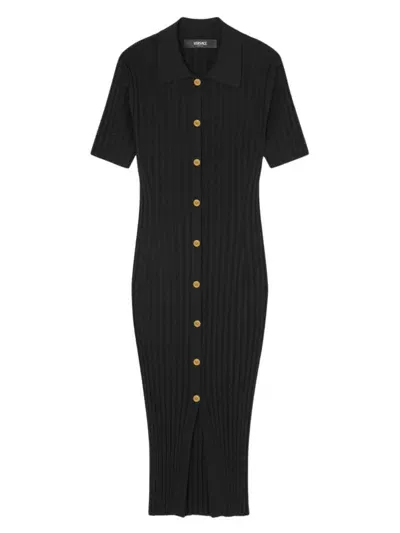 Versace Short-sleeve Flat-rib Knit Button-front Shirtdress In Black