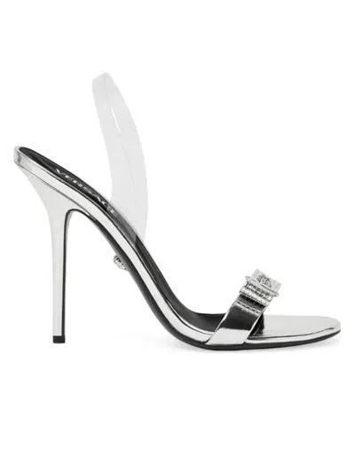 Versace Bow-detailing Metallic Sandals In Silver Palladium