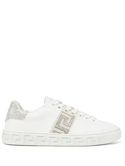 Versace White Crystal Greca Leather Sneakers In Bianco