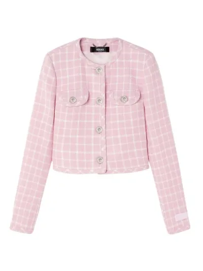 Versace Medusa Head-buttons Checked Cropped Jacket In Pink White