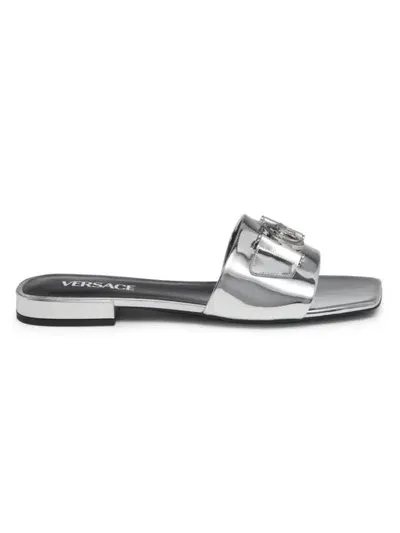 Versace Women's Medusa Buckle Metallic Leather Sandals In Silver Palladium