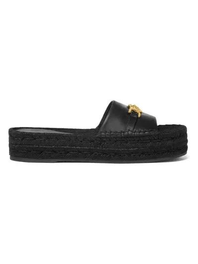 Versace Elegant Black Calf Leather Flat Sandals