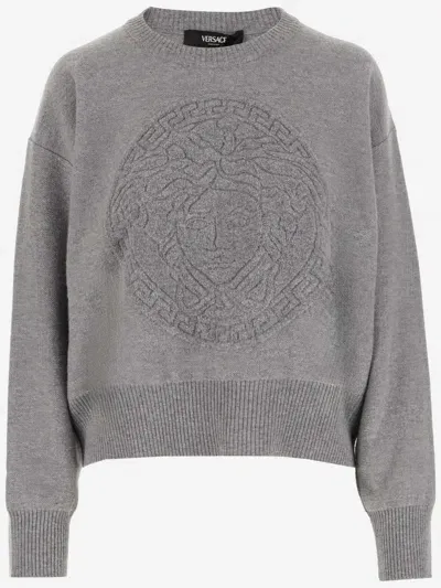 Versace Wool And Cashmere Pullover With Medusa In Grey